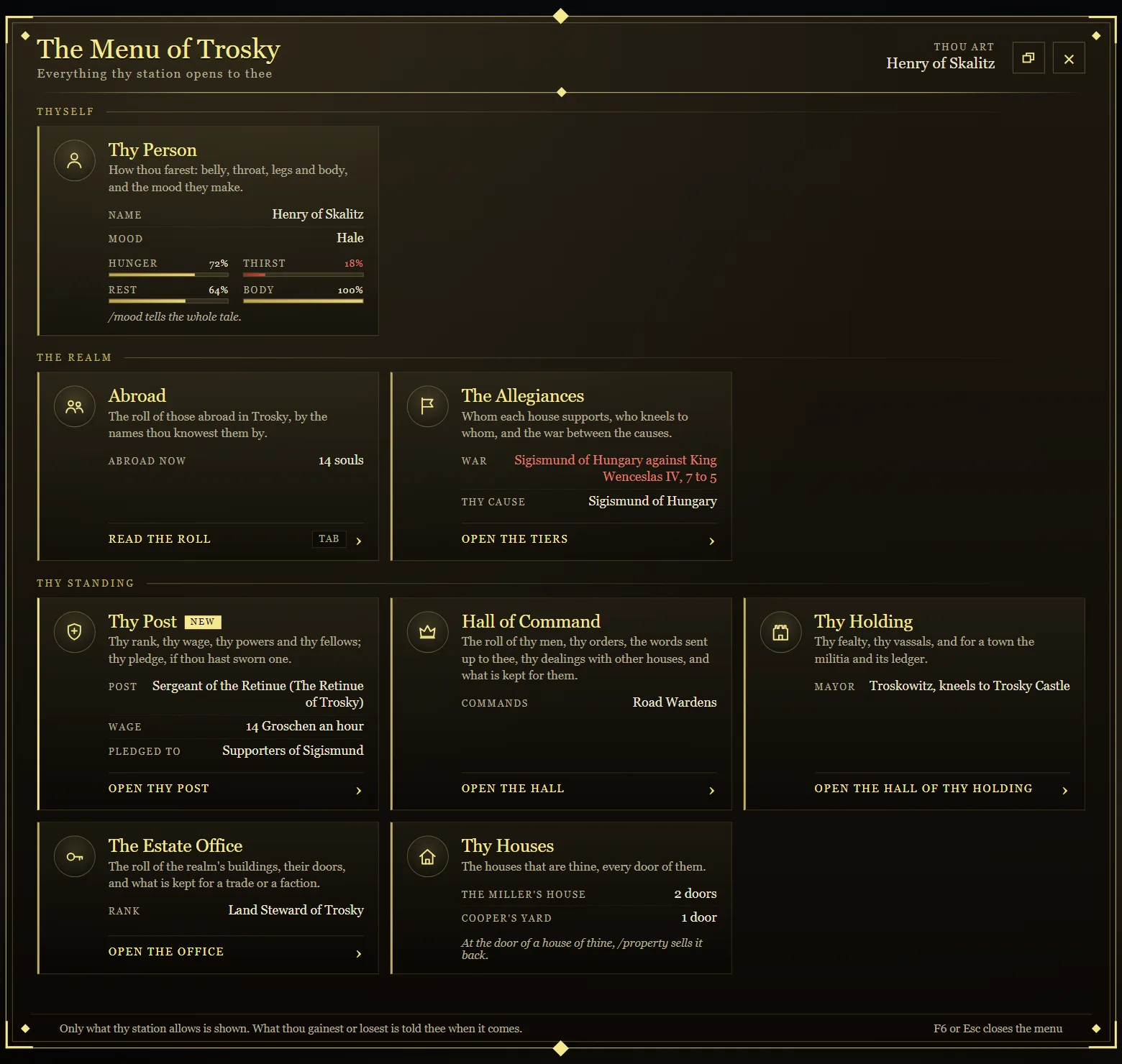 The Menu of Trosky: the F6 menu with Thy Person, the Allegiances, Thy Post, the Hall of Command and the Estate Office