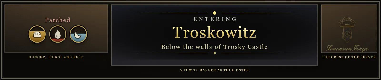 Hunger, thirst and rest discs, a town's banner, and the server's crest