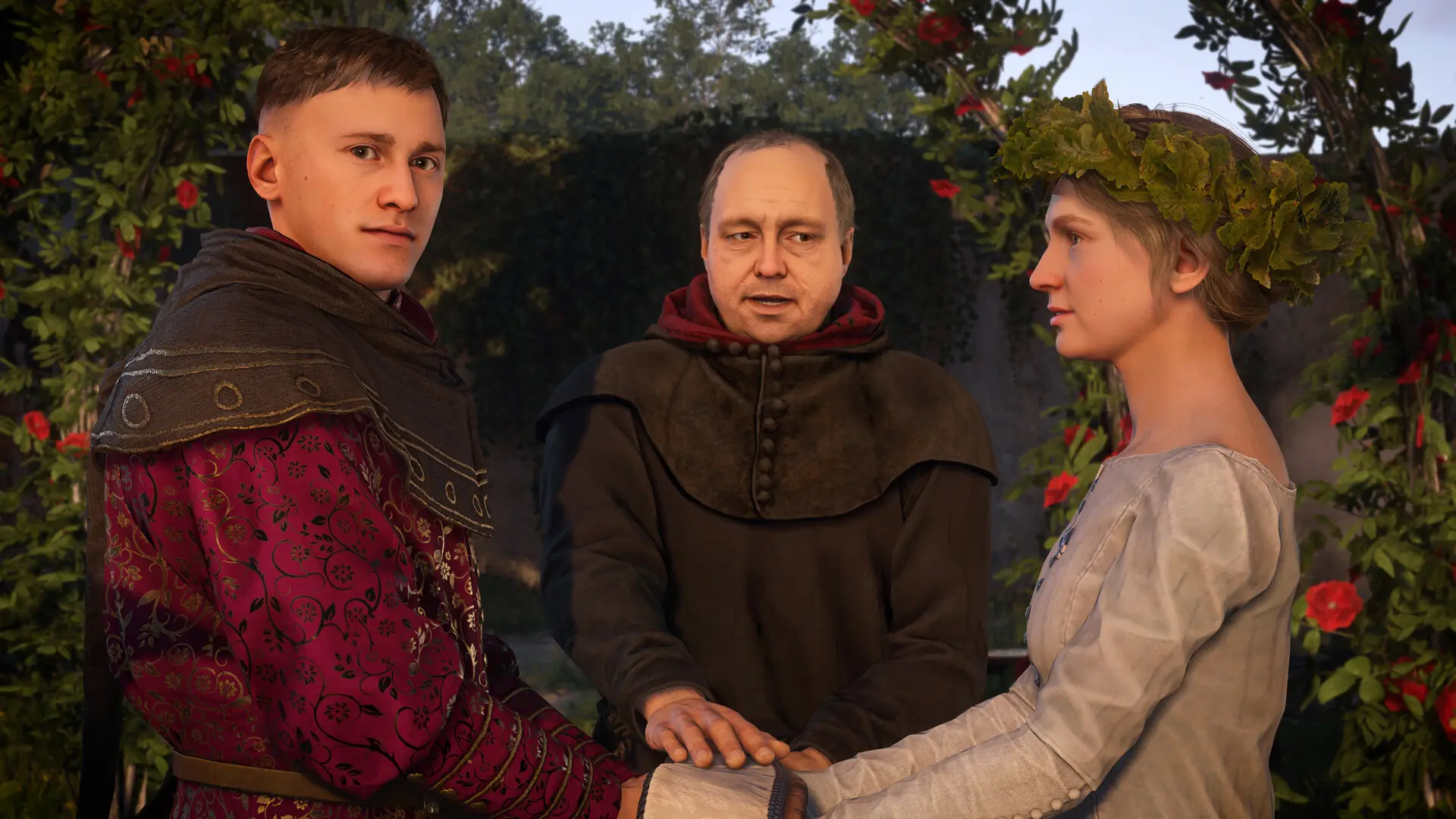 A noble wedding beneath a rose arbour